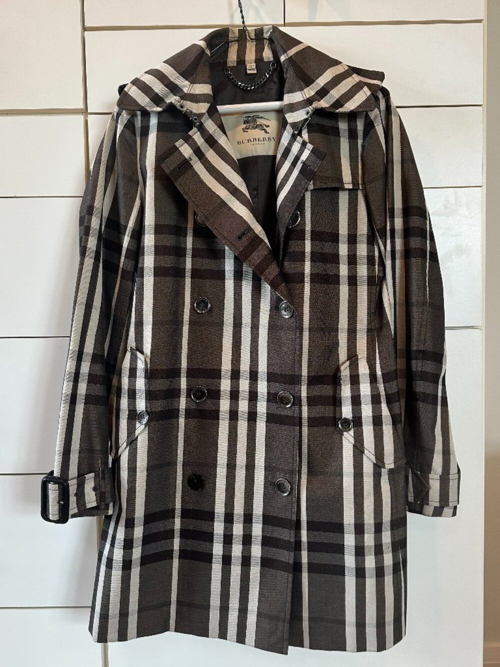 Burberry brown, black and cream signature plaid trench coat, size 6
